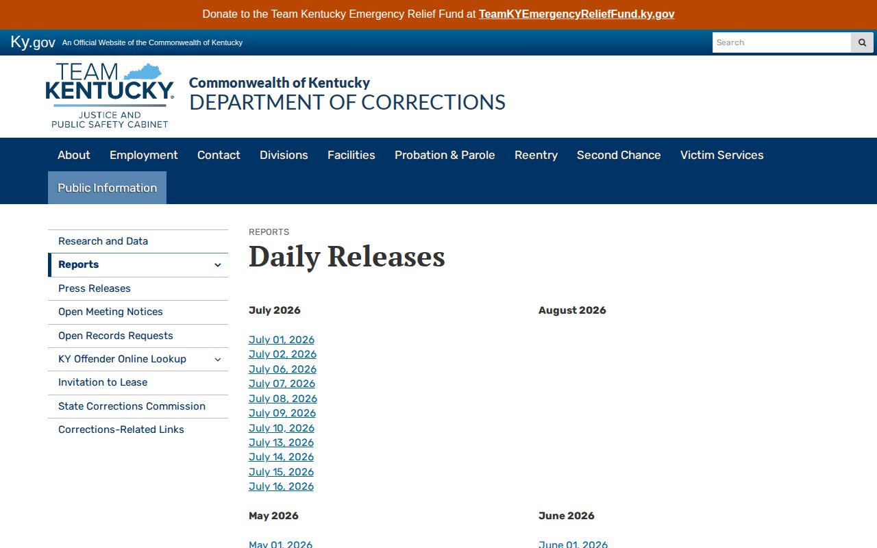 Kentucky DOC Daily Releases archive with dated reports