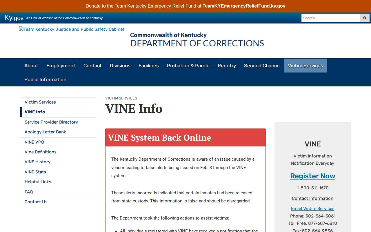 Kentucky VINE coverage and LaRue County release PIN guidance