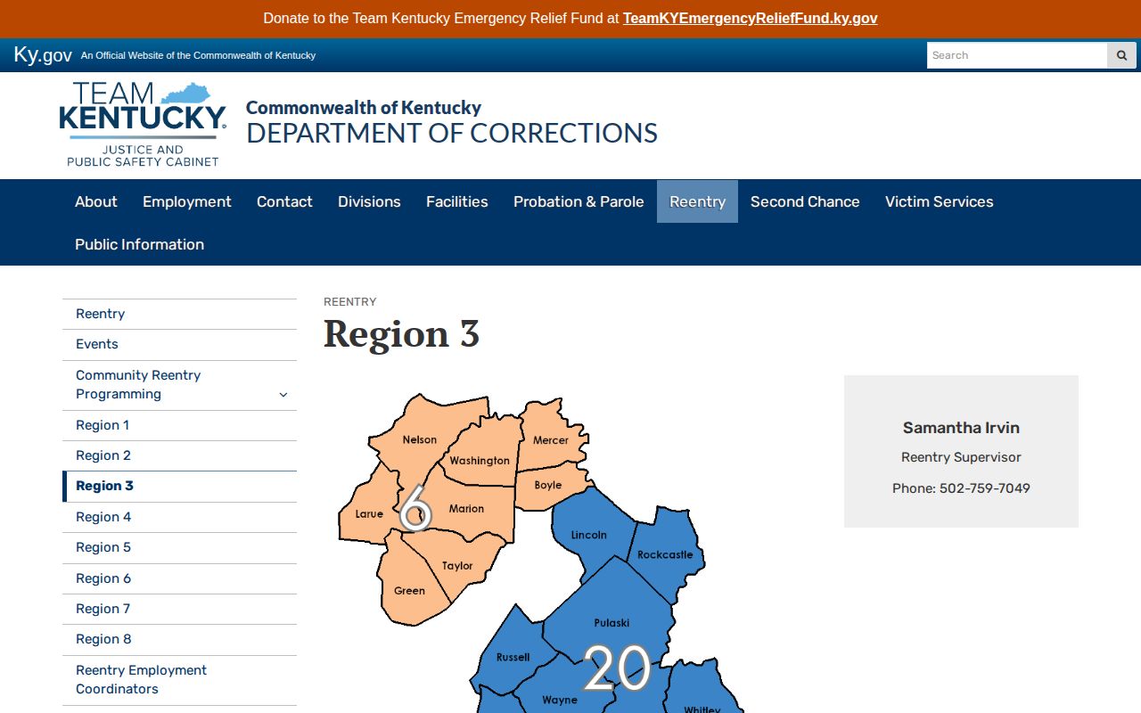 Kentucky DOC Region 3 LaRue County parole and probation coverage